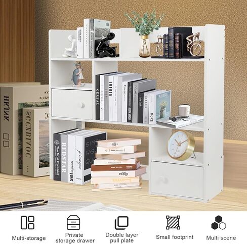 3-Tier Wood Desktop Bookshelf, Multipurpose Bookshelf Storage Organizer with 2 Drawers and 9 Shelves, Wood Desktop Storage Organizer for Dorm Office Home.31.49" W x 31.49" H x 6.69" D in Kuwait