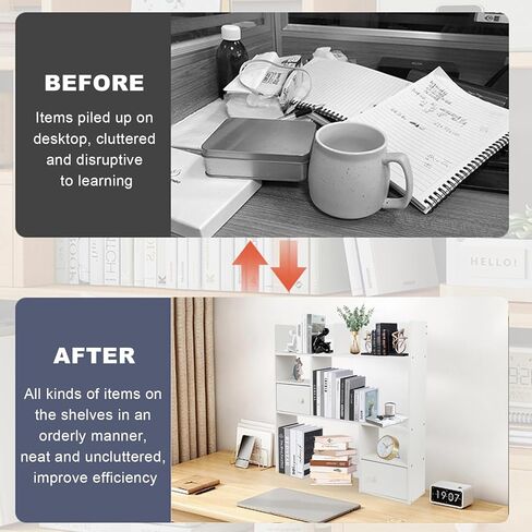 3-Tier Wood Desktop Bookshelf, Multipurpose Bookshelf Storage Organizer with 2 Drawers and 9 Shelves, Wood Desktop Storage Organizer for Dorm Office Home.31.49" W x 31.49" H x 6.69" D in Kuwait