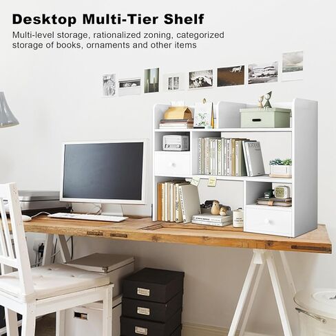 3-Tier Wood Desktop Bookshelf, Multipurpose Bookshelf Storage Organizer with 2 Drawers and 9 Shelves, Wood Desktop Storage Organizer for Dorm Office Home.31.49" W x 31.49" H x 6.69" D in Kuwait