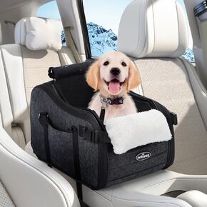 Nobleza Center Console Dog Car Seat, Detachable Armrest Dog Car Seats for Small Dogs with Safe Protective Hooks, Console Dog Car Seat with Adjustable Straps, Storage Pocket & Safety Leash