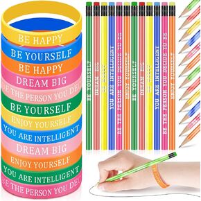 Sabary 48 Pcs Motivational Pencils Inspirational Silicone Bracelets Set Mood Pencil Motivational Quote Rubber Wristbands for Kids Teens Christmas Classroom Gifts for Students (Colorful Background)