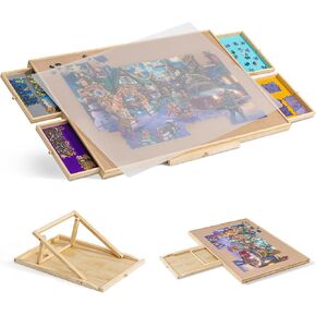 Tektalk Jigsaw Puzzle Table with Integrated Adjustable Stand/Bracket and Removable Cover, 3-Tilting-Angle Wooden Plateau Portable Puzzle Board with 4 Sorting Drawers, for Up to 1500 Pieces