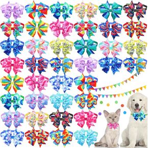 Talltalk 40 Pcs Dog Bow Ties Spring Tie Dye Summer Collar Bows for Dogs Hawaii Puppy Bowties with Plastic Buckle Adjustable Grooming Collar for Small Medium Cat Pet(Summer)