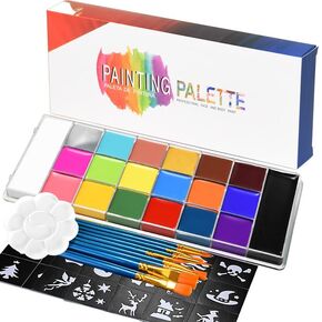 Face & Body Paint Kit, 20 Colors Water Activated Makeup Palette, Includes Paint Tray, Brushes and Stencils, Professional, Non Toxic Art Painting Kit for Halloween, Cosplay, Parties, Theater & Stage