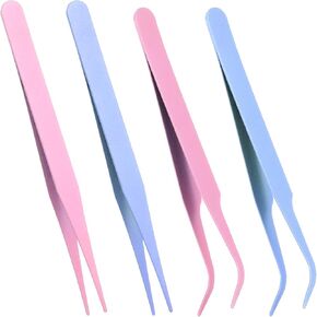 4 Pcs Straight Curved Tweezers, Eyelash Tweezers Craft Tweezers Fine Point Tweezers for DIY Intricate Projects Scrapbooking Cardmaking Eyelash Extensions Purple and Pink