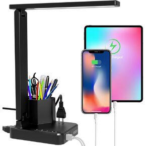 Desk Lamp,Desk Lamps for Home Office,COZOO LED Desk Lamp with 2 USB Charging Ports,2 Pen Holders,1 Outlet,3 Color 3 Brightness Levels,Touch/Memory/Timer,LED Desk Light Small Desk Lamp Kids Study Lamp