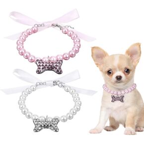 2 Pcs Dog Pearls Necklace Jewelry with Rhinestone Bone Puppy Cute Pet Collars Necklace Bling Fancy Cat Wedding Collar Jewelry for Dogs Cats Puppy Kitten Party Wedding Birthday