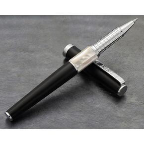 Xezo Speed Master Fine Rollerball Pen. Matte Black with White Mother of Pearl. Chrome Plated. Sporty Lightweight Brass Body. Each Unique