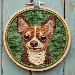 DIY Punch Needle Kits for Beginners Cute Cartoon Brown Chihuahua Dog with Hoop Embroidery Punch Needle Starter Craft Set Easy for Adults and Children Festival Gift and Decoration 20x20cm-1