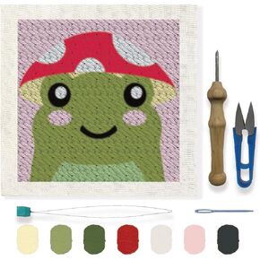 FREEBLOSS Punch Needle Embroidery Starter Kits for Adults Beginners, Framed Punch Embroidery Kit Include Instructions, Punch Needle Fabric with Frog Pattern, Yarns, Rug Punch Needle Kit