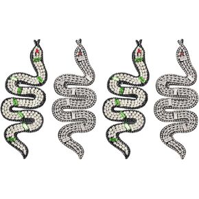 4PCS Rhinestones Snake Patch Snake Beaded Applique Snake Fabric Embroidery Patches White Handmade Crystal Snake Applique Sew on Patches for Clothing Jackets Jeans Bag Backpacks Hats Decorations
