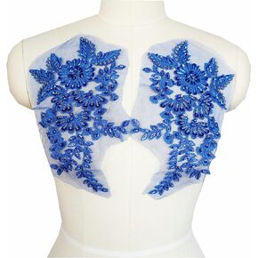 Embroidery Sequin Beads 3D Flower Leaf Applique Fabric Collar Sew on Patch DIY Wedding Bridal Gown Clothes Dress Decor Crafts 2Pcs (Blue)