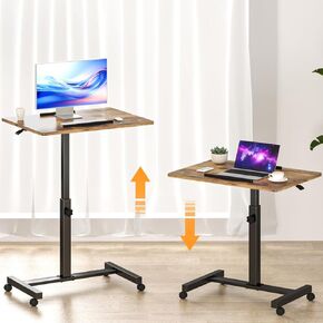 Panta Pneumatic Mobile Standing Desk, Adjustable Height Rolling Desk with Wheels, Laptop Desk for Couch, Portable Sit Stand Desk for Home, Office and Hospital, Walnut