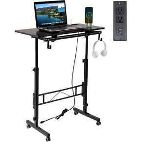 SIDUCAL Standing Desk Height Adjustable with Tiltable Tabletop, Rolling Laptop Desk with Charging Station, Sit Stand Portable Stand Up Desk with Wheels, Black