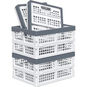 4-Pack Stackable Collapsible Milk Crates, 15L Plastic Stackable Storage Bins Utility Folding Baskets, White