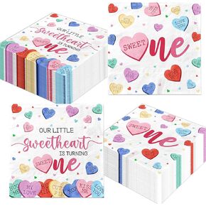 40pcs Valentines 1st Birthday Napkins Our Little Sweetheart Is Turning One Hearts Paper Napkins Disposable Dinner Lunch Napkin for Valentine's First Birthday Party