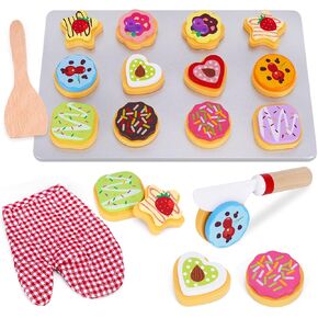 Slice and Bake Wooden Cookie Play Food Set for Kids Kitchen - Toy Food Accessories - Kids Pretend Cookies and Baking Sheet, Toy Baking Set for 3+ Year Old Boys Girls Birthday Gifts