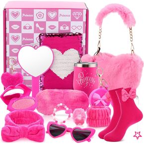 مجموعة من 17 هدايا Princess Cosplay Accessories مجموعة وردية بما في ذلك مذكرات الترتر ، حقيبة اليد على شكل قلب ، محفظة عملة ، نظارة شمسية ، زجاجة ماء ، هدايا عيد ميلاد عيد الميلاد لوازم الحشو