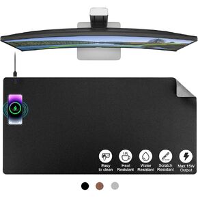 Eystech ™ Wireless Charging Desk Pad 2-in-1 Premium Leather Leather Mouse Mouse for Office Home Computer لوحة مفاتيح الشاحن لأجهزة iPhone Android Airpods Smartwatches (Black-L) (36 '× 17' ')