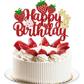 ephlyn 1pc الفراولة كعكة عيد ميلاد سعيد topper ريد بريق زهرة الفاكهة موضوع عيد ميلاد Berry Cake Decorations لموضوع الفراولة استحمام الطفل أطفال عيد ميلاد الديكورات الكعكة اللوازم
