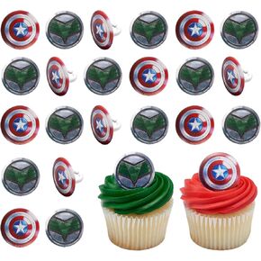 Marvel Studios' Captain America: Brave New World Cupcake Rings, 24 Captain America & Falcon Cupcake Decorations, Food Safe Cake Toppers, Party Favors – 24 Pack