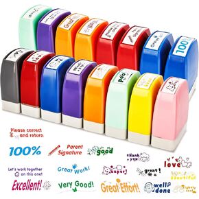 16 Pcs Teacher Stamps Motivation Personalized Self Inking Colorful Stamps Encouraging Comments Teacher Stamps for Grading Classroom Homework School Office
