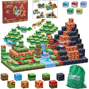 Magnetic Blocks-80PCS Magnet Blocks Volcano & Dinosaur Toys Magnetic Building Blocks, STEM Sensory Magnetic Cubes Toys for Kids Toddlers Boys & Girls Ages 3 4 5 6 7 8 9 10