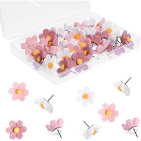Flower Push Pins 30pcs Cute Push Pins for Cork Board Pink Decorative Thumb Tacks Floral Push Pins for Bulletin Board Photo Wall Feature Wall Map Office School Or Home, Pink and White