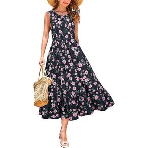 STYLEWORD Women's 2024 Summer Sleeveless Crewneck Tank Sundress Casual Tiered Flowy Beach Maxi Dress with Pockets
