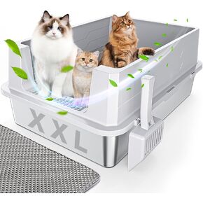 XXL Stainless Steel Cat Litter Box High Sides with Lid, 28"x20" Extra Large Cat Litter Box for Big Cats & Multiple Cats, No Odor Metal Cat Litter Box XXL, Anti-Leakage, Non-Sticky, Clean Easily