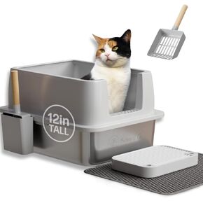 Butters&Co Extra Large Stainless Steel Litter Box with High Sides - Nonstick Metal Cat Litter Box w/Collect Odorless Cat Litter Box Step, Catbox Mat - Enclosed Litterbox, XL Litter Boxes for Big Cats