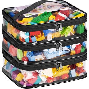 MISSLO 3-Layer Storage Organizer with 3 Manual Pockets Clear Storage Bag for Puzzles, Bricks, Building Blocks, Crafts (Black)