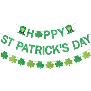 Happy St Patricks Day Banner Green Glitter and St Patricks Day Shamrock Garland Saint Patricks Day Banner Decorations for Happy St Patrick's Day Banner Decorations