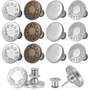 12 Sets Button Pins for Jean Button Replacement, Jean Buttons for Loose Jeans, No Sewing Instant Replacement Snap Tack Pant Button, Enlivik Reusable and Adjustable Button, Botones para Pantalones