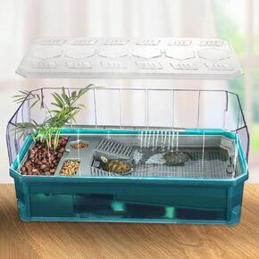 Turtle Tank with Anti Escaping Cover,Reptile Pet Habitat Terrariums with Detachable Transparent Fence,Turtles Tank Aquarium with Basking Platform, Turtle Tank Habitat Kit Single Tank Green Medium in Kuwait