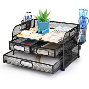 Carperipher 3 Tier Mesh Desk Organizer مع درج لحاملي القلماء المكتبي ، اللوازم المكتبية ، المجلدات ، الملف ، دفاتر ، قرطاسية ، منظم مكتب مع حامل قلم 2 للمنزل ، المكتب ، المدرسة