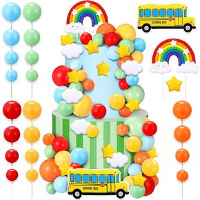 68 Pcs Rainbow Cake Toppers and School Bus Topper Kit Colorful Balls Cake Decorations for Birthday Party Supplies Birthday Theme Decor, Colorful