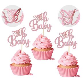 Gyufise 24Pcs Pink Glitter Oh Baby Butterfly Cupcake Toppers Gender Reveal Babyshower Cake Decorations Butterfly Theme Baby Shower Girls Birthday Party Cake Decorations Supplies