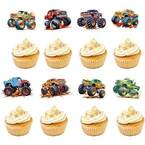 24 Pcs Double Sided Monster Truck Cake Decoration Monster Truck Cupcake Topper Baby Birthday Party Decoration