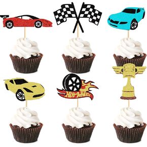 24pcs سباق Car Cupcake Topcake Topcake Topplasling Trophy Flag Racing Cake موضوع سباق اختيار ، موضوع سيارات الحفلات لوازم الطفل الاستحمام