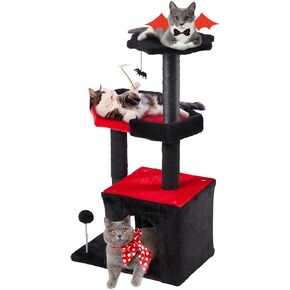 Erinnyees Gothic Cat Tree, Black Cat Tower for Indoor Kitties, 33.5" Kitty Condo with Scratching Post, Coffin Bed, Small Goth Tree with Spooky Ball for Pets, Halloween
