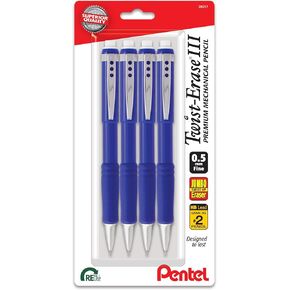 Pentel Twist-Erase III Mechanical Pencil, (0.5mm), Fine Line, Blue Barrel, Pack of 4 (QE515BP4C)