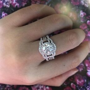 925 Sterling Silver Shiny Full Diamond Gemstone Ring 18K Gold 3Pcs Cubic Zirconia Promise Rings Set CZ Diamond Multi Row Cocktail Rings Eternity Engagement Wedding Band Ring Sets Z.67 (US Code 6)