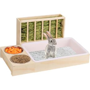 3 in 1 Rabbit Litter Box with Hay Feeder and Bowls - Wooden Rabbit Hay Feeder for Guinea Pig, Hamster, Small Animals