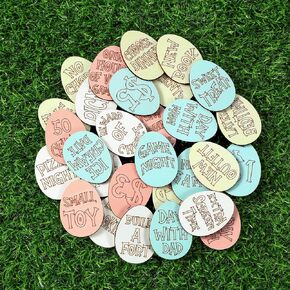 30 Pack Wooden Easter Egg Tokens, Easter Egg Fillers, Easter Basket Stuffers, Easter Reward Tokens with 30 Different Engraved Sayings, Easter Eggs Filled Activity for Teens Adults(Egg)