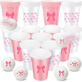 30 Pcs Black Bow Party Beer Ball Game Supplies Set, 22 Pcs 16 oz Coquette Bow Plastic Cup and 8 Pcs Bow Themed Beer Balls for Birthday Wedding Baby Shower Party Funny Supplies