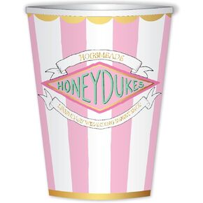 Bonjour Fête X Harry Potter Honeydukes Pink Stripe Paper Party Cups | Premium Harry Potter Party Supplies | Disposable Cups for Birthdays, Christmas, & Holiday Decorations | Gold Foil, 9oz, Pack of 8