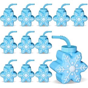 Sliner 12 Pcs Winter Snow Themed Party Plastic Cups 10 oz Snowflake Cups Gift Winter Birthday Party Reusable Snowflake Cups with Lids Straws for Winter Birthday Party Gifts Party