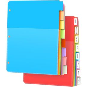 Dividers for 3 Ring Binder with Pockets, 2 Set 16Pcs 8 Color Tab for 3 Ring Binder Dividers, 3 Hole Punched Dividers Letter Size Multicolor Index Dividers Paper Protectors for School Office