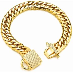 Gold Dog Chain Collar Strong Double Cuban Link Chain Collar with Zirconia Lock Luxury Dog Necklace,Stainless Steel 16MM Dog Collar for Medium Large Dog (24'')